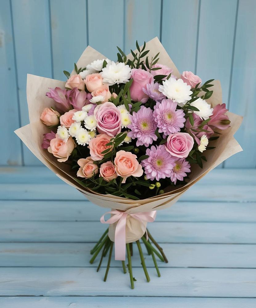 Букет цветов из: Хризантемы, Розы и Альстромерии в Птичьем