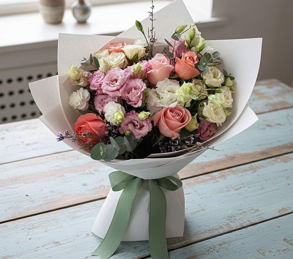 Букет цветов из: Розы, Лизиантусы и Гвоздики в Птичьем