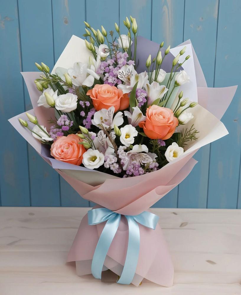 Букет цветов из: Лизиантусы, Розы, Альстромерии и Гипсофила в Птичьем