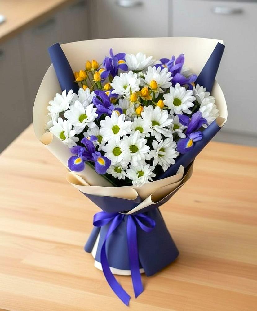 Букет цветов из: Розы, Ирисы и Хризантемы в Птичьем