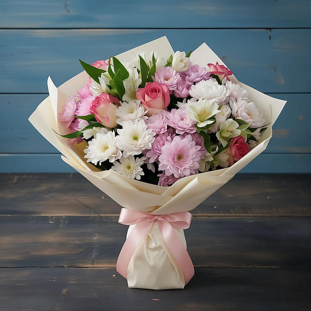 Букет цветов из: Хризантемы, Альстромерии и Розы в Птичьем